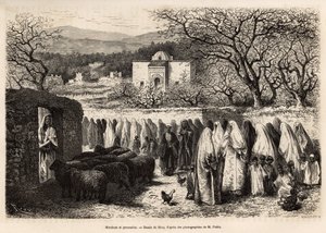 Procession til Marabout de Tlemcen (grav med en kuppel af en islamisk mand), indgraveret efter en tegning af E.Riou, der illustrerer rejsen til Tlemcen (Algeriet), af E. de Lorral, i 1875, udgivet i "" Le tour du monde””” 1875, redigeret af Edouard Char af Edouard Riou