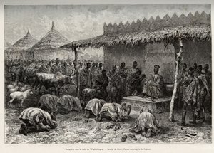 Modtagelse på naba Sanem, fra Mossi-kongeriget (eller Mosse) i Waghadougou (Ouagadougou, Burkina Faso). Gravering af Riou, for at illustrere historien "" Fra Niger til Guineabugten"" af kaptajn Louis Gustave Binger (1856-1936), i 1887-1889, i Le tou af Edouard Riou