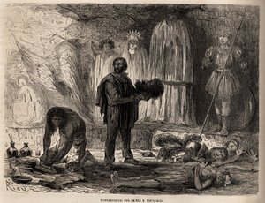 Restaurering af helgenstatuer i Sarayacu (Peru), tegning af Riou, for at illustrere Paul Marcoys rejse fra Stillehavet til Atlanterhavet fra 1848 til 1860. Indgravering i "" Le tour du monde"", redigeret af Edouard Charton af Edouard Riou