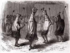 Rituel dans af Ticuna-indianerne i Peru iført forklædninger og masker af Edouard Riou