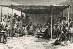 Underskrivelse af den traktat, der placerede landet Kita (tidligere Fransk Sudan, det nuværende Mali) under Frankrigs protektorat den 25. april 1880 mellem kommandør Joseph Gallieni (1849-1916) og Tokontan Keita. Gravering af Riou, baseret på en skitse af  af Edouard Riou