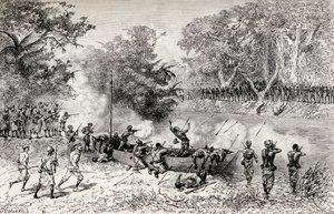 Sir Henry Morton Stanleys Emin Pasha Relief Expedition bliver angrebet af Avisibba kannibaler ved hjælp af forgiftede pile, 1890 (trægravering) af Edouard Riou