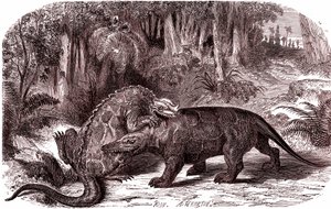 Iguanodonen og megalosaurussen (kobberstik) af Edouard Riou