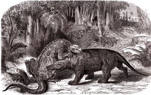 Iguanodon og Megalosaurus af Edouard Riou
