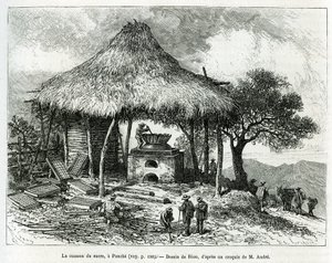 The Sugar Baking Oven, i Panche (Colombia), tegning af Riou, for at illustrere historien om Equinoxiale America (Colombia, Ecuador, Peru), i 1875-1876, af Ed. andre, rejsemissionsafgift fra den franske regering. Indgravering i Le tour du monde af Edouard Riou