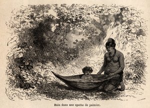 Barnets bad i et palmeblad. Tegning af Riou, for at illustrere rejsen fra Stillehavet til Atlanterhavet af Edouard Riou