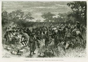 Lejren invaderet af indianerne. Gravering af Riou, for at illustrere historien Voyage dans le Chaco Boreal af Edouard Riou
