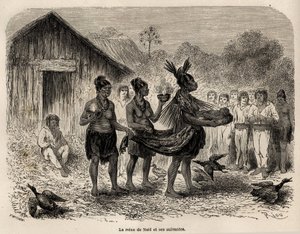 Fejringen af julefesten i Sarayacu (Peru), bærer juledronningen Jesusbarnet i en kurv, og ledsaget af to, der følger, præsenterer hun barnet for alle landsbyens huse, tegnet af Riou, for at illustrere Paul Marcoys jour af Edouard Riou