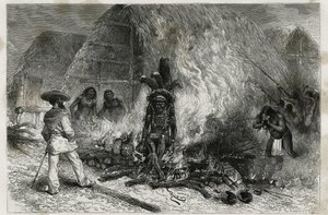 Ligbrændingen af en Roucouyenne (eller wayana), stamme, der bor langs floderne Mana og Maroni, vendt mod Bucher, Dr. Crevaux, gravering af Riou, for at illustrere udforskningsrejsen i det indre af Guyana af Dr. Jules Crevaux, læge i den franske flåde, af Edouard Riou