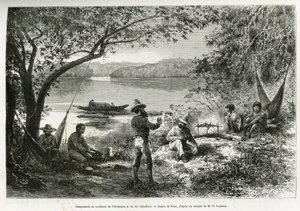 Opdagelsesrejsendes lejr, ved sammenløbet af Orenoque og Cabullero-floden. Gravering af Riou, for at illustrere udforskningsrejsen gennem New Granada og Venezuela, af Doctor Crevaux, førsteklasses læge i flåden og E.Lejeanne, marine pharma af Edouard Riou