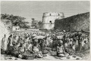 Frugtmarkedet på Zanzibar (Tanzania). Gravering af Riou, for at illustrere historien "" Rejsen til Benadir, Omalierne og Bayoun "", i 1882-1883, af M.G. Revoil. Udgivet i Le Tour du monde, nouveau journal des voyages af Edouard Riou