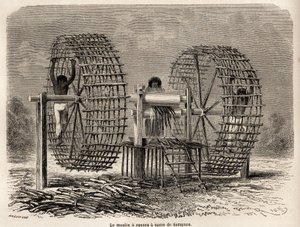 Møllen til at male sukkerrør fra Sarayacu (Peru), tegning af Riou, for at illustrere Paul Marcoys rejse fra Stillehavet til Atlanterhavet fra 1848 til 1860. Indgravering i "" Le tour du monde"", redigeret af Edouard Charton af Edouard Riou