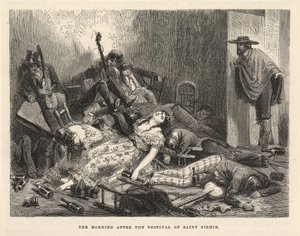 Morgenen efter Saint Firmin Festival, New York 1875 (kobberstik) af Edouard Riou