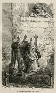 Straffen af den impiete, to børn knæler på en stang placeret på pløkke og iagttaget i deres pine af landsbyens sogn, tegnet af E.Riou, for at illustrere rejsen i Titicaca-regionen og dalene i den østlige del af byen. Nedre Peru, dvs af Edouard Riou