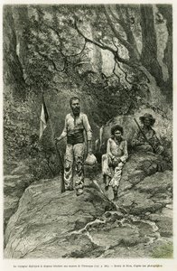Den rejsende, der udsætter det trefarvede flag til kilderne til Orenoque. Gravering af Riou, for at illustrere historien Voyage aux sources de l