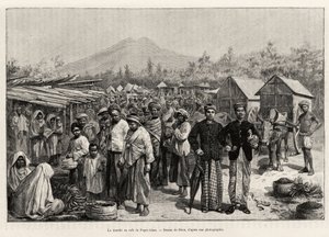 Gåturen på Pager Alam Cafe (Malaysia). Gravering af Riou for at illustrere historien "et år i Malaysia" af Jules Claine (1856-1939) af Edouard Riou