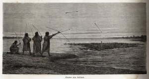 Skildpaddejagt blandt de indiske coniboer i Peru, tegning af Riou for at illustrere P. Marcoys rejse fra 1848 til 1860, fra Stillehavet til Atlanterhavet. Indgravering i "" Le tour du monde"", redigeret af Edouard Charton af Edouard Riou