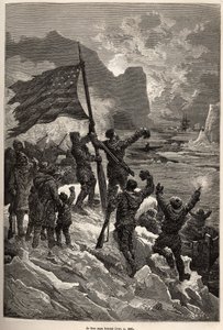 Tysons besætning, efter flere dages drift på et isbjerg, så endelig en hvalfanger og viftede med det amerikanske flag for at blive set og reddet, indgraveret efter en tegning af E.Riou, der illustrerer historien om Polaris, isflåden, af løjtnant Tyson, i 1 af Edouard Riou