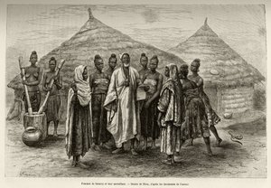 Women of Samory Toure (ca. 1835-1898) krigschef for Niger-sløjfen og deres supervisor, Sonninke, som ved, hvordan man læser og skriver arabisk, som det fremgår af papiret, han holder i hånden. Gravering af Riou, for at illustrere historien "" Fra Niger til af Edouard Riou