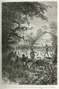 Yacouman, Roucouyenne-høvding, Guiana-stammen ved bredden af Oyapock, jager djævelen, han går gennem landsbyen efter et barns fødsel, drysser en mælkehvid væske med en fjerpensel, graverer efter en tegning af Riou, for at illustrere det af Edouard Riou