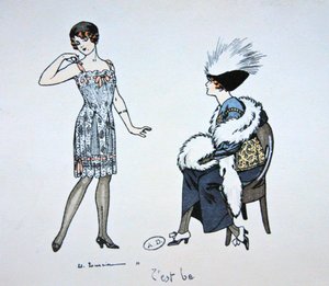 Mannequin, der viser en slip til en klient, ca. 1912 (farve litho)