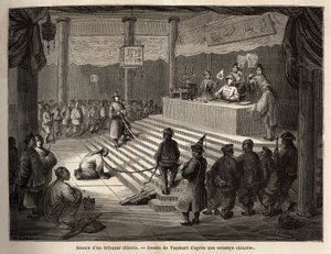 En kinesisk domstol, den anklagede dukker op ved retten omgivet af en gendarme, der holder ham lænket og hans slagter, tegning af Vaumort (? -1886), for at illustrere rejsen fra Shanghai til Moskva, fra 1859 til 1862, af M. de Bourboulon. , fransk minister
