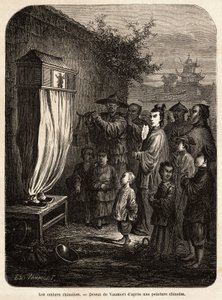 Et mobilt teater med kinesiske skygger, på en gåtur af Pekin, tegning af Vaumort (? -1886), for at illustrere rejsen fra Shanghai til Moskva, fra 1859 til 1862, af M. de Bourboulon, fransk minister i Kina. Indgravering i "" Le tour du monde"", redigeret af