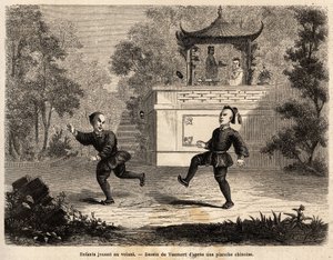 Kinesiske børn, der leger ved rattet (læderkugle, tunge metalringe og implanterede 3 lange fjer), under opsyn af deres mor, tegning af Vaumort (? -1886), for at illustrere rejsen fra Shanghai til Moskva, fra 1859 til 1862, af M. de Bourb