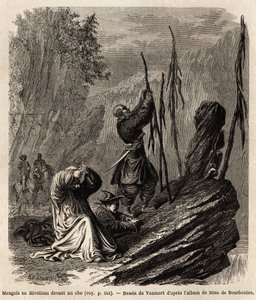 Mongoler i hengivenhed til en obo, nær Bakka- og Mongoliet-bjergene, tegning af Vaumort (? -1886) for at illustrere rejsen fra Shanghai til Moskva, fra 1859 til 1862, af M. de Bourboulon, fransk minister til Kina. Indgravering i "" Le tour du monde"", red