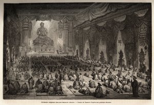 Religiøs ceremoni i et kinesisk lamasserie, tegnet af Vaumort (? -1886), for at illustrere rejsen fra Shanghai til Moskva, fra 1859 til 1862, af M. de Bourboulon, fransk minister i Kina. Indgravering i "" Le tour du monde"", redigeret af Edouard Charton
