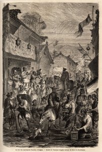 Gaden med tøjhandlere, Kalgan, Mongoliet. Tegning af Vaumort (? -1886), for at illustrere rejsen fra Shanghai til Moskva, fra 1859 til 1862, af M. de Bourboulon, fransk minister til Kina. Indgravering i "" Le tour du monde"", redigeret af Edouard Chart