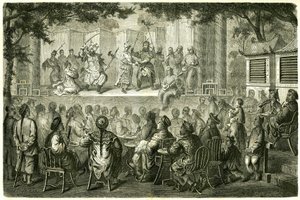 Udsigt over en repræsentation af Opera de Pekin (Beijing), Kina, efter Madame de Bourboulons rejsehistorie. Gravering efter en tegning af Vaumort, i "" Le Tour du Monde, Nouveau journal des Voyages"", redigeret af Edouard Charton, Paris