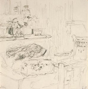 Interiør med firkantet bord af Edouard Vuillard