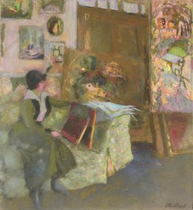 Model på en grøn sofa; Le modele au divan vert, 1915 af Edouard Vuillard