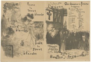 Forsideprogramhæfte med annonce for La Revue Blanche og annoncering af stykket Au-dessus des forces humaines Lisez la revue blanche Au-dessus des forces humaines af Edouard Vuillard