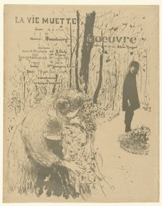 Forside til programhæfte med kvinde med to børn og mand i parken til leg La vie muette med liste over roller og skuespillere La vie muette af Edouard Vuillard