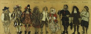 Studie til kostumer for ni skuespillere i "La Coupe Enchantee" for Jean de la Fountaine; Kostumestudier til de ni karakterer i den fortryllede bæger af Jean de la Fontaine, 1918 af Edouard Vuillard
