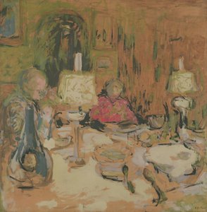Middagen med to lamper, rue de Calais, 1913 (ditemper på brunt papir) af Edouard Vuillard