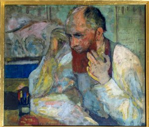 Komikeren Aurelien Lugne Poe (Lugne-Poe) (1869-1940) laver make-up, Paris fra det 20. århundrede, Komedie af Champs Elysees (olie på lærred) af Edouard Vuillard