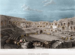 Arenaen i Nimes, Gard, Languedoc-Roussillon (Languedoc Roussillon), Frankrig. Gravering af Willmann i "Ancient and Modern France"" af Jean-Bernard Mary-Lafon (Jean Bernard Mary Lafon)