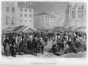 Marche i Bayonne, Pyrenees-Atlantiques (Pyrenees Atlantiques), Aquitaine, Frankrig. Gravering af Willmann i "Ancient and Modern France"" af Jean-Bernard Mary-Lafon (Jean Bernard Mary Lafon)
