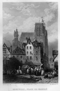 Place du Marche i byen Abbeville, Somme, Picardie, Frankrig. Gravering af Willmann i "Ancient and Modern France"" af Jean-Bernard Mary-Lafon (Jean Bernard Mary Lafon)