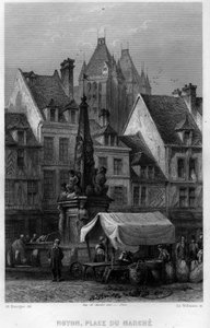 Place du Marche i byen Noyon, Oise, Picardie, Frankrig. Gravering af Willmann i "Ancient and Modern France"" af Jean-Bernard Mary-Lafon (Jean Bernard Mary Lafon)