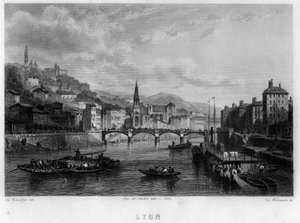 Udsigt over byen Lyon, Rhone-afdelingen, Rhone-Alpes-regionen, Frankrig. Indgravering af Willmann i "La France ancienne et moderne"" af Jean-Bernard Mary-Lafon (Jean Bernard Mary Lafon)