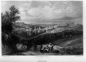 Udsigt over byen Morlaix, Finistere, Bretagne, Frankrig. Gravering af Willmann i "Ancient and Modern France"" af Jean-Bernard Mary-Lafon (Jean Bernard Mary Lafon)