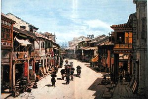 En gade i Hong Kong i midten af det nittende århundrede (farve litho) af Eduard (after) Hildebrandt