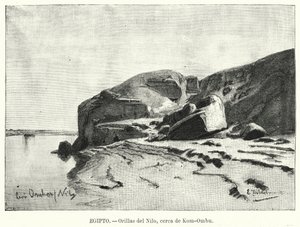 Nilens bredder nær Kom Ombo, Egypten (litho) af Eduard (after) Hildebrandt