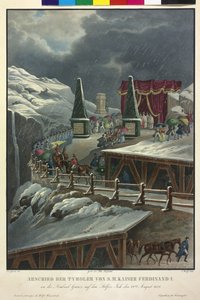 Tyrolernes afsked med kejser Ferdinand I den 22. August 1838 (farvelitografi) af Eduard Gurk