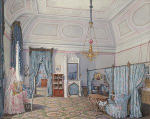 Interiør af Vinterpaladset. Den femte reserverede lejlighed. Storprinsesse Maria Alexandrovnas soveværelse, 1873