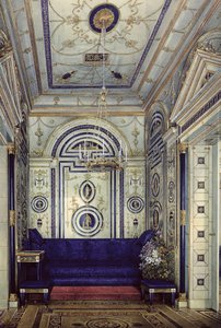 The Blue Study i Grand Palais i Tsarkoye Selo, før 1840 (wc, gouache og blæk på papir) af Eduard Hau